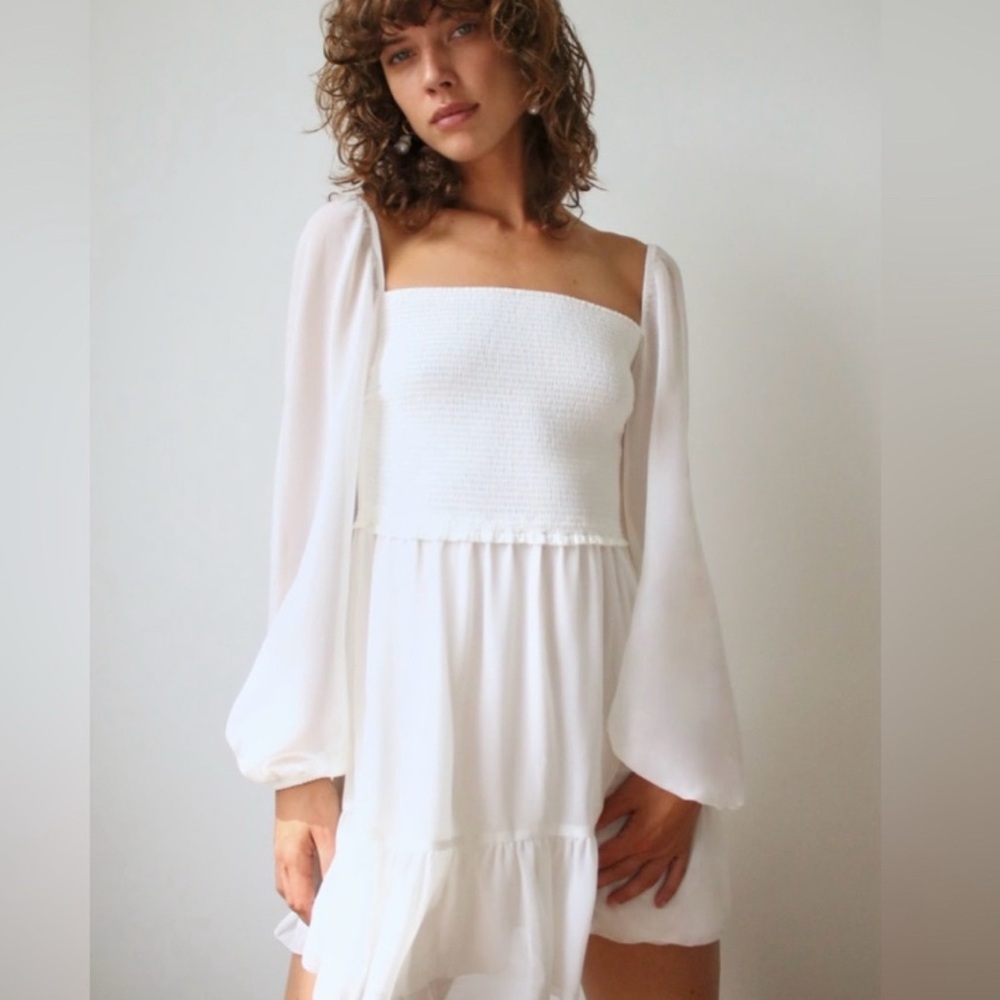 Aritzia Wilfred White Puff Sleeve Mini Dress